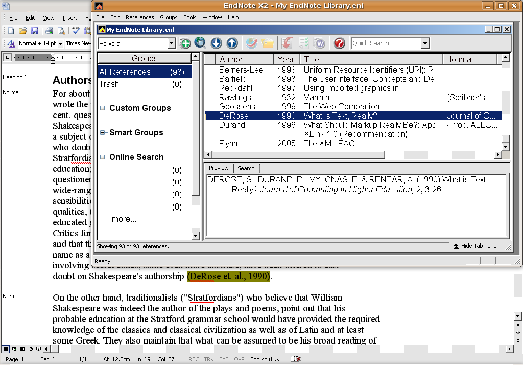 Screenshot of EndNote adding a citation to a Word document
